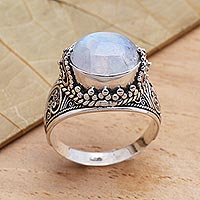 Rainbow moonstone cocktail ring, 'Frosty Color' - Elegant Rainbow Moonstone and Sterling Silver Ring