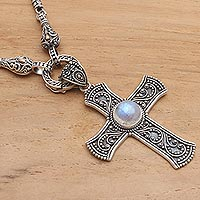 Gold-accented rainbow moonstone pendant necklace, Traditional Cross