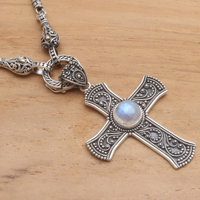 Gold-accented rainbow moonstone pendant necklace, 'Traditional Cross' - Rainbow Moonstone Cross Necklace