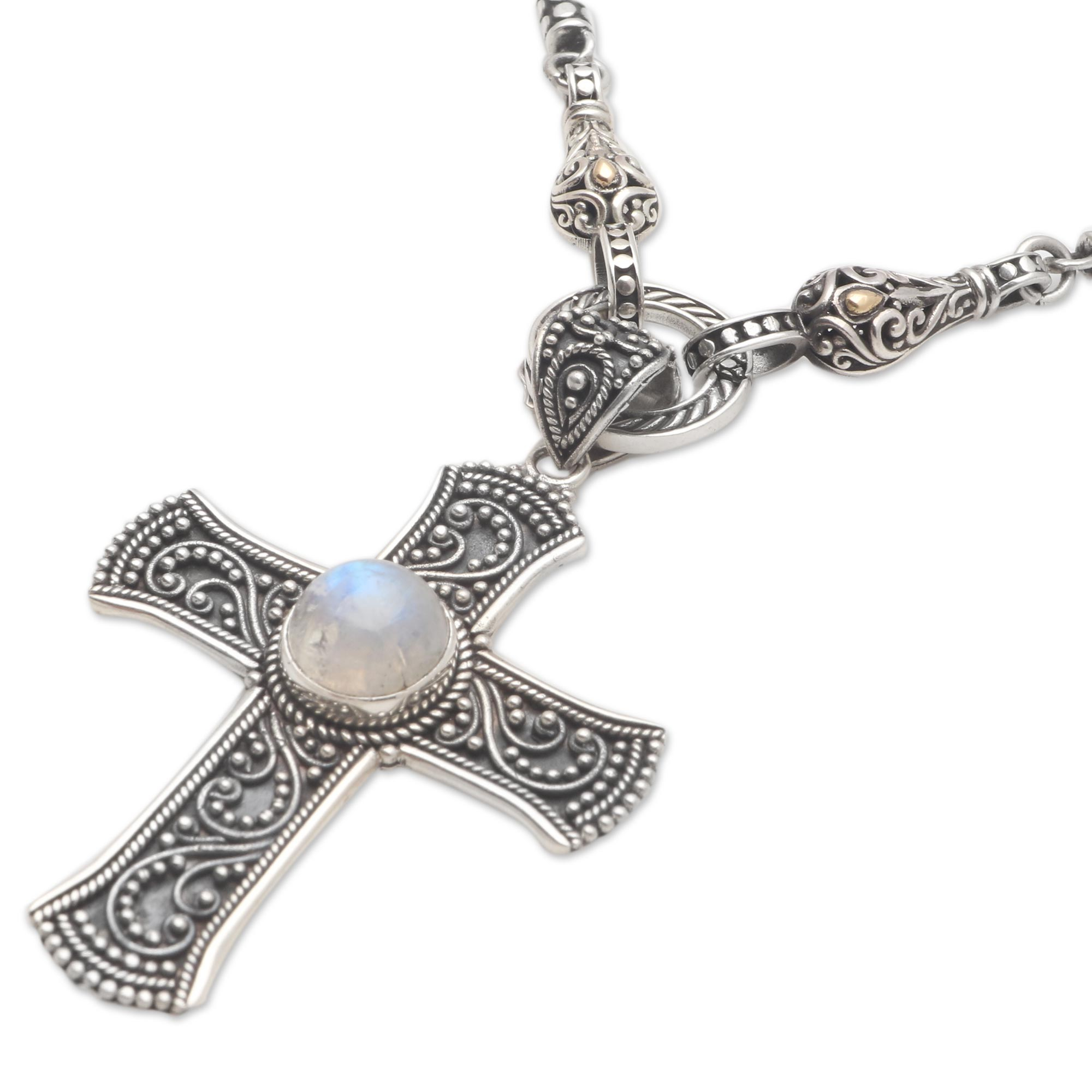 Rainbow Moonstone Cross Necklace - Traditional Cross | NOVICA