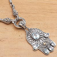 Gold-accented blue topaz pendant necklace, 'Dazzling Hamsa' - Blue Topaz Hamsa Hand Pendant Necklace