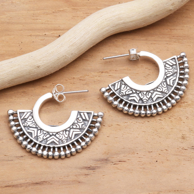 Sterling silver half-hoop earrings, 'Tribal Instinct' - Unique Sterling Silver Half-Hoop Earrings