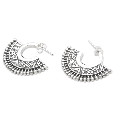 Sterling silver half-hoop earrings, 'Tribal Instinct' - Unique Sterling Silver Half-Hoop Earrings