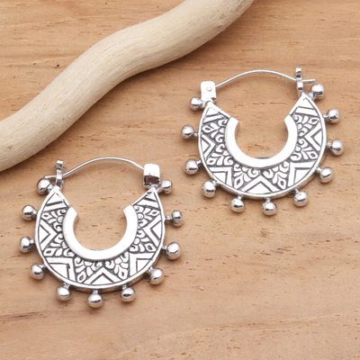 Sterling silver hoop earrings, 'Tribal Flair' - Hand Crafted Sterling Silver Hoop Earrings