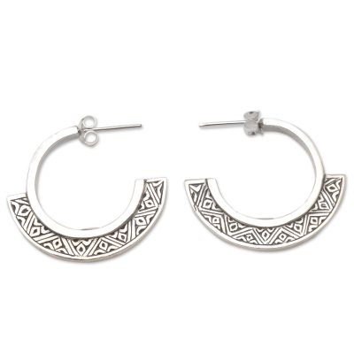 Sterling silver half-hoop earrings, 'Songket Curves' - Handmade Sterling Silver Half-Hoop Style Earrings