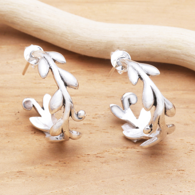 Sterling silver half -hoop earrings, 'Rice Garland' - Sterling Silver Rice Stalk Half-Hoop Earrings