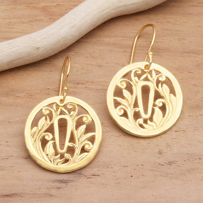 Gold plated sterling silver dangle earrings, 'Tsuba Protection' - Gold Plated Japanese Inspired Dangle Earrings