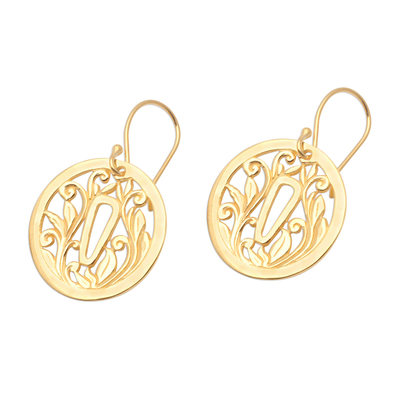 Gold plated sterling silver dangle earrings, 'Tsuba Protection' - Gold Plated Japanese Inspired Dangle Earrings