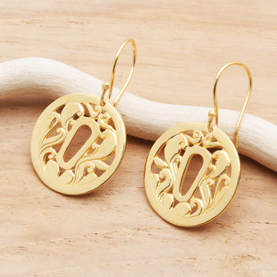 Gold plated sterling silver dangle earrings, 'Tsuba Strength' - Tsuba Motif 18k Gold Plated Dangle Earrings
