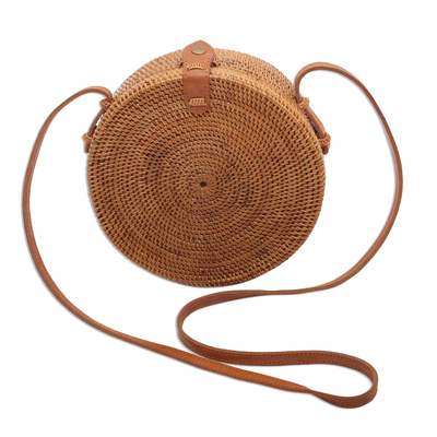 Round bamboo and ate grass woven shoulder bag, 'Happy Tradition' - Round Woven Bamboo and Ate Grass Shoulder Bag