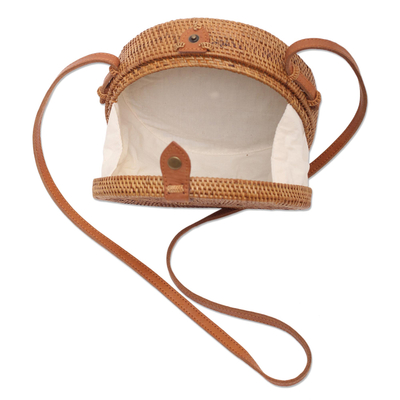 Round bamboo and ate grass woven shoulder bag, 'Happy Tradition' - Round Woven Bamboo and Ate Grass Shoulder Bag