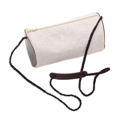 Leather accented cotton shoulder bag, 'Java Barrel' - Barrel-Shaped Cotton and Leather Shoulder Bag