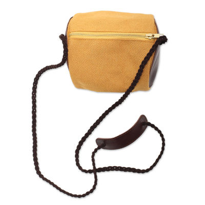 Small leather-accented cotton sling, 'Java Barrel' - Small Javanese Cotton and Leather Sling Bag