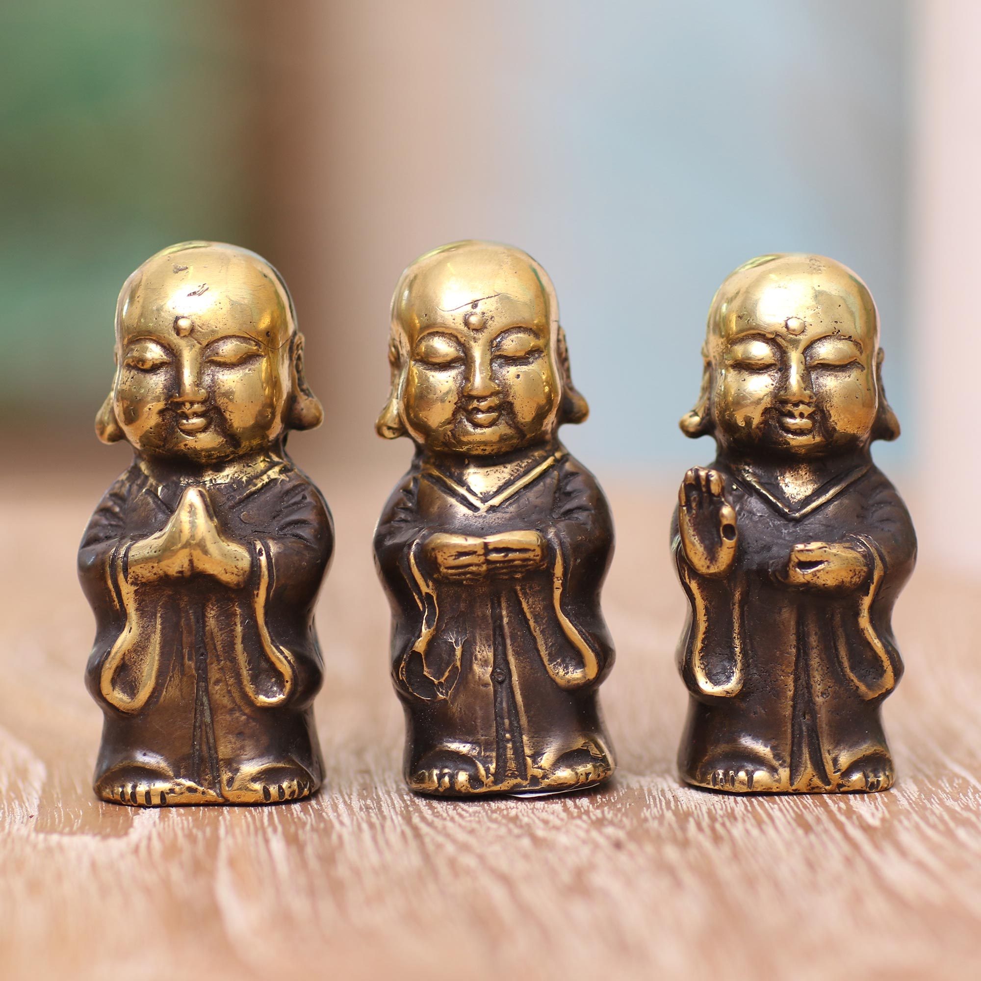 Three Small Bronze Buddha Monk Figurines Buddha Monks NOVICA