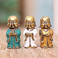 Bronze figurines, 'Colorful Buddha Monks' (set of 3) - Hand Crafted Set of Buddha Monk Figurines from Bali (3)