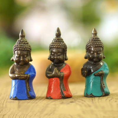 Set of 3 Silver Buddha Figurines Ornament Sculpture 
