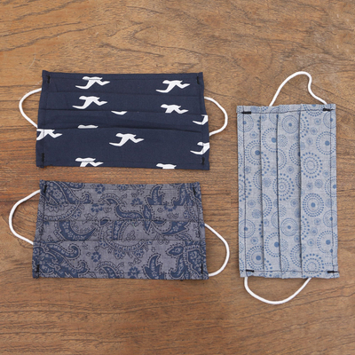 Baumwoll-Gesichtsmasken, „Island Vibe“ (3er-Set) – 3 einlagige blaue Baumwoll-Druck-Gesichtsmasken mit elastischen Schlaufen
