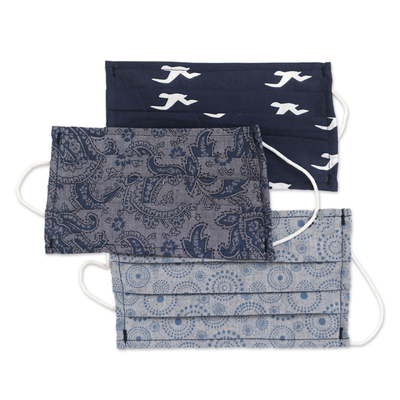 Baumwoll-Gesichtsmasken, „Island Vibe“ (3er-Set) – 3 einlagige blaue Baumwoll-Druck-Gesichtsmasken mit elastischen Schlaufen