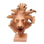 Wood sculpture, 'Emerging Lion' - Benalu Wood Lion Sculpture on Stand