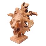 Wood sculpture, 'Emerging Lion' - Benalu Wood Lion Sculpture on Stand