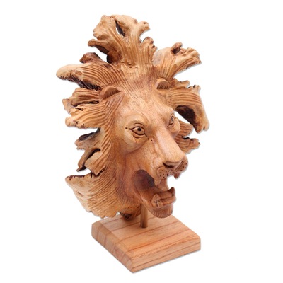 Wood sculpture, 'Emerging Lion' - Benalu Wood Lion Sculpture on Stand