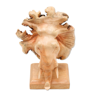 Wood sculpture, 'Emerging Elephant' - Hand Carved Elephant Sculpture on Wood Stand