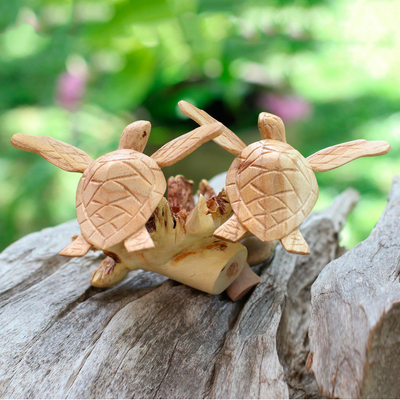 Wood sculpture, 'Sea Turtle Companions' - Original Jempinis and Benalu Wood Turtle Sculpture