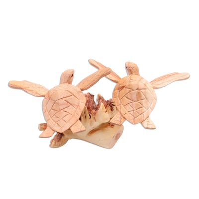 Wood sculpture, 'Sea Turtle Companions' - Original Jempinis and Benalu Wood Turtle Sculpture