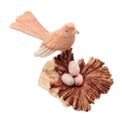 Wood sculpture, 'Nesting Bird' - Nesting Bird Hand Carved Wood Sculpture