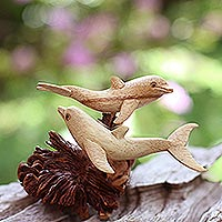 Wood sculpture, 'Dolphin Harmony' - Artisan Crafted Coral Reef and Dolphin Sculpture