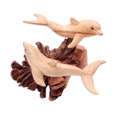 Escultura de madera, 'Dolphin Harmony' - Escultura artesanal de arrecifes de coral y delfines