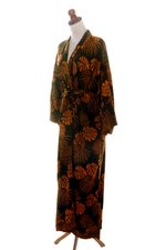 Long rayon batik robe, 'Tropical Leaves' - Hand Stamped Black and Spice Rayon Long Robe from Bali