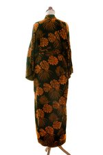 Long rayon batik robe, 'Tropical Leaves' - Hand Stamped Black and Spice Rayon Long Robe from Bali