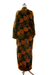Long rayon batik robe, 'Tropical Leaves' - Hand Stamped Black and Spice Rayon Long Robe from Bali (image 2d) thumbail