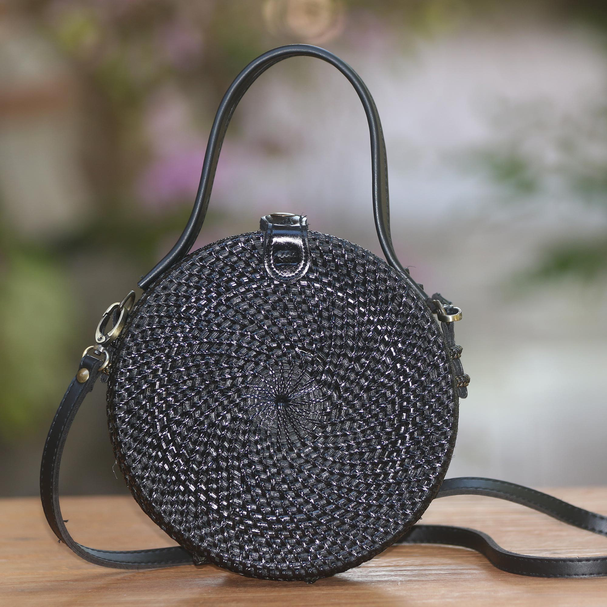 Black Round Woven Bamboo Shoulder Bag or Handbag Pitch Black NOVICA