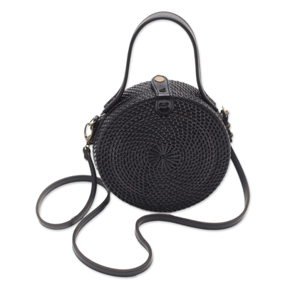 Black Round Woven Bamboo Shoulder Bag or Handbag