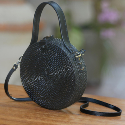 Round woven bamboo shoulder bag, 'Pitch Black' - Black Round Woven Bamboo Shoulder Bag or Handbag