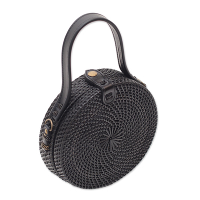 Round woven bamboo shoulder bag, 'Pitch Black' - Black Round Woven Bamboo Shoulder Bag or Handbag