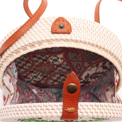 Round woven bamboo and ate grass shoulder bag, 'Green Circuit' - Hand Woven Round Bamboo Shoulder Bag