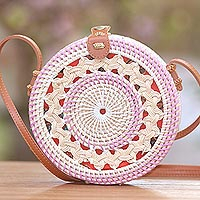 Round woven bamboo and ate grass shoulder bag, 'Lilac Way' - Handcrafted Bamboo Round Shoulder Bag in Lilac