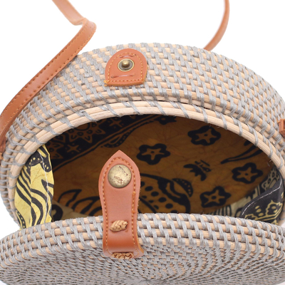 Round woven bamboo shoulder bag, 'Blue-Grey Wheel' - Blue-Grey Woven Bamboo Round Shoulder Bag