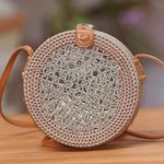 Round woven bamboo shoulder bag, 'Brown Trellis' - Round Woven Bamboo Shoulder Bag in Brown