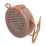 Round woven bamboo shoulder bag, 'Brown Trellis' - Round Woven Bamboo Shoulder Bag in Brown
