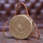 Round natural fiber shoulder bag, 'Bamboo Wheel' (8 inch) - Round Brown Woven Bamboo Shoulder Bag from Bali (8 inch)