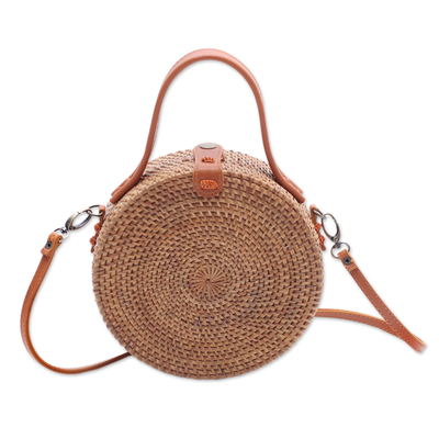 Round natural fiber shoulder bag, 'Bamboo Wheel' (8 inch) - Round Brown Woven Bamboo Shoulder Bag from Bali (8 inch)