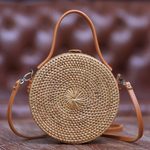 Round natural fiber shoulder bag, 'Bamboo Wheel' (8 inch) - Round Brown Woven Bamboo Shoulder Bag from Bali (8 inch)