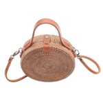 Round natural fiber shoulder bag, 'Bamboo Wheel' (8 inch) - Round Brown Woven Bamboo Shoulder Bag from Bali (8 inch)
