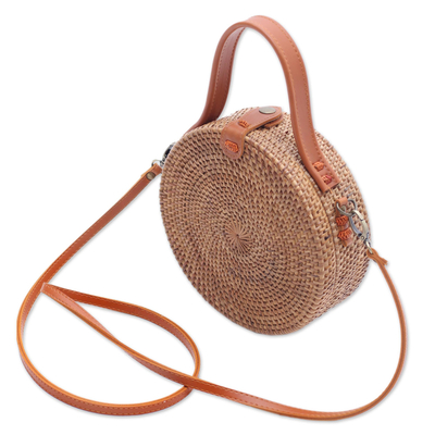 Round natural fiber shoulder bag, 'Bamboo Wheel' (8 inch) - Round Brown Woven Bamboo Shoulder Bag from Bali (8 inch)