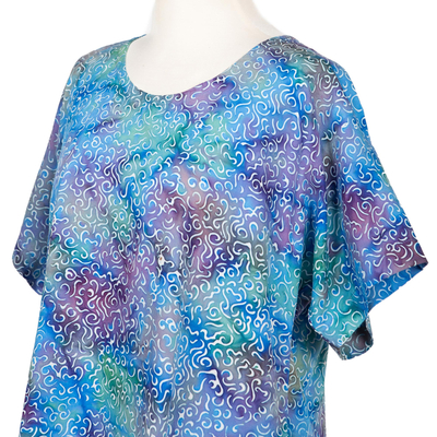 Rayon Hi-Low Sidetail Multicolor Batik Blouse - Rainbow Seascape | NOVICA