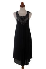 Embroidered cotton dress, 'Drifting Clouds in Black' - Hand Embroidered Black Cotton Dress